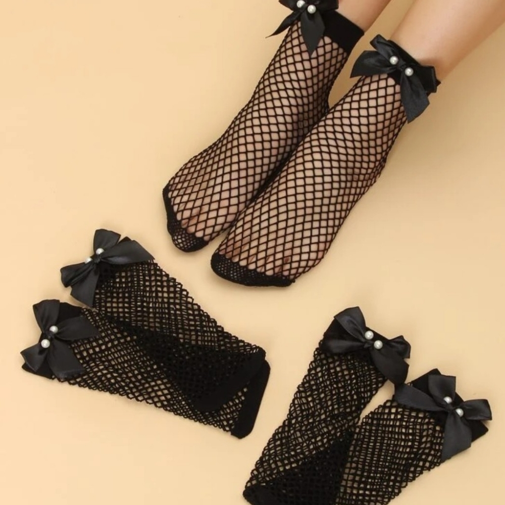3pairs Faux Pearl & Bow Decor Fishnet Socks